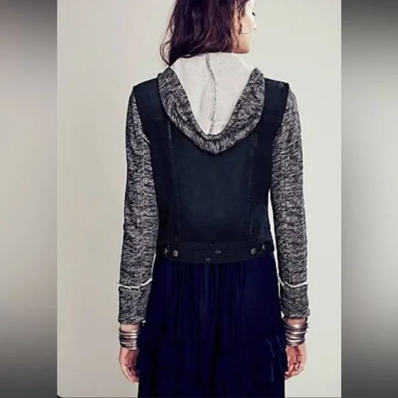 Free People Knit Hooded Denim Jacket Pumice Black Size S Distressed Women’s - Picture 9 of 14